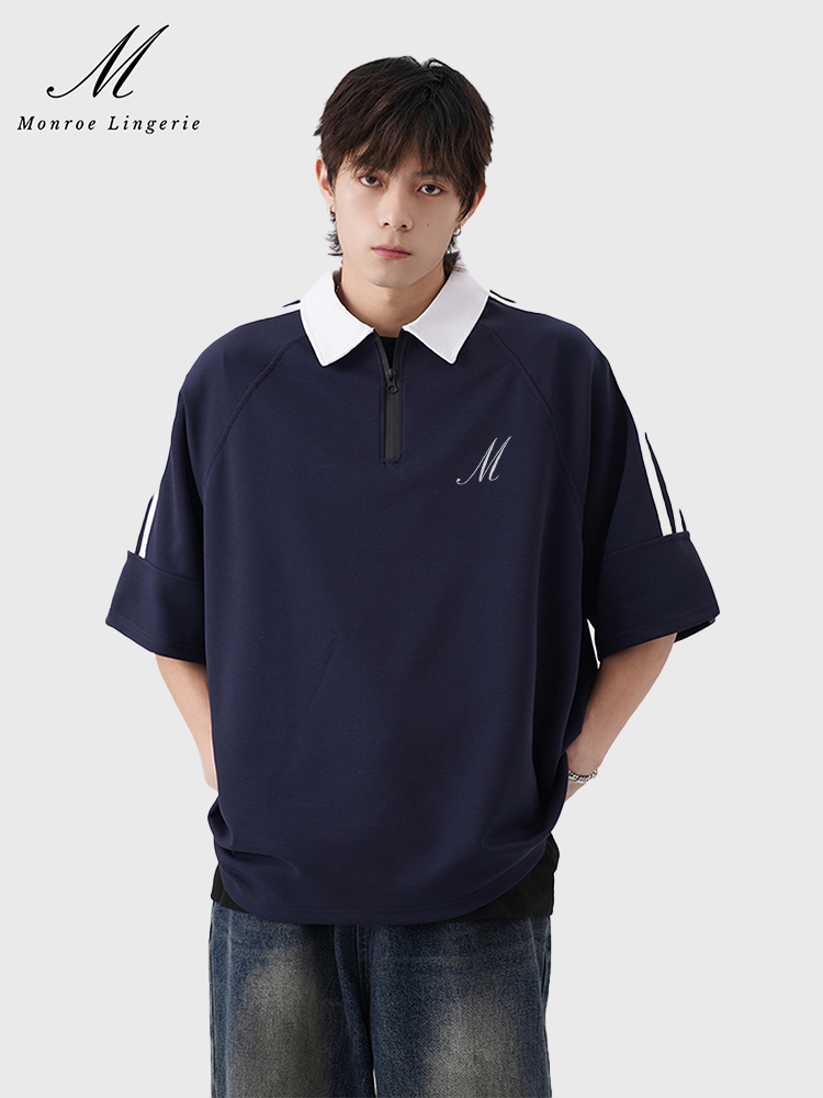 M Monroe Men'sOversized Half-Zip Polo Shirt Striped Sleeves Printed Casual Tee Trendy Menswear