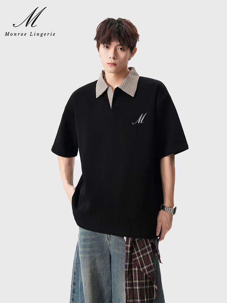 M Monroe Men's Black Oversized Polo Shirt with Plaid Collar Trendy Casual Top