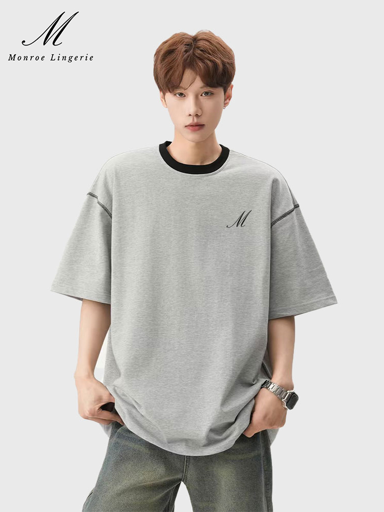M Monroe Men's Grey Oversized T-Shirt with Black Contrast Collar Casual Loose Short Sleeve Tee