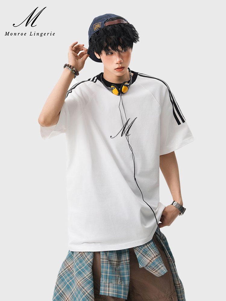 M Monroe Men's Casual Loose T-Shirt with Striped Sleeves Fashion Streetwear Top for Men