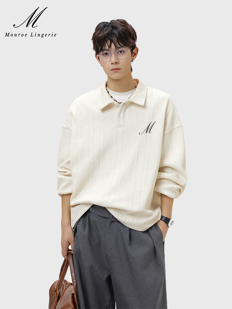 M Monroe Men's Casual Textured Polo Sweater with Embroidered Loose Fit Long Sleeve Top
